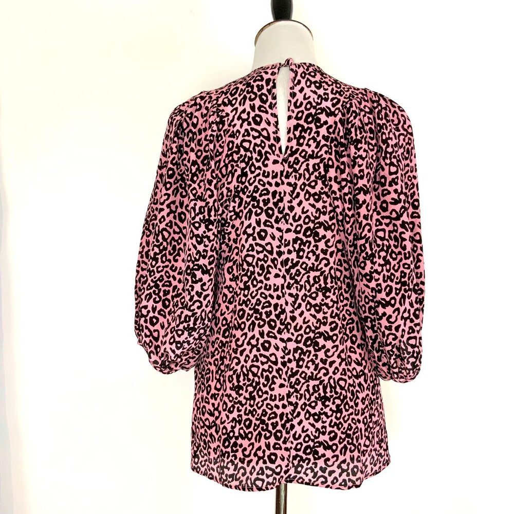 New Les Reveries Silk Balloon Sleeve Animal Leopard Print Blouse Pink Size 4 - Picture 9 of 16